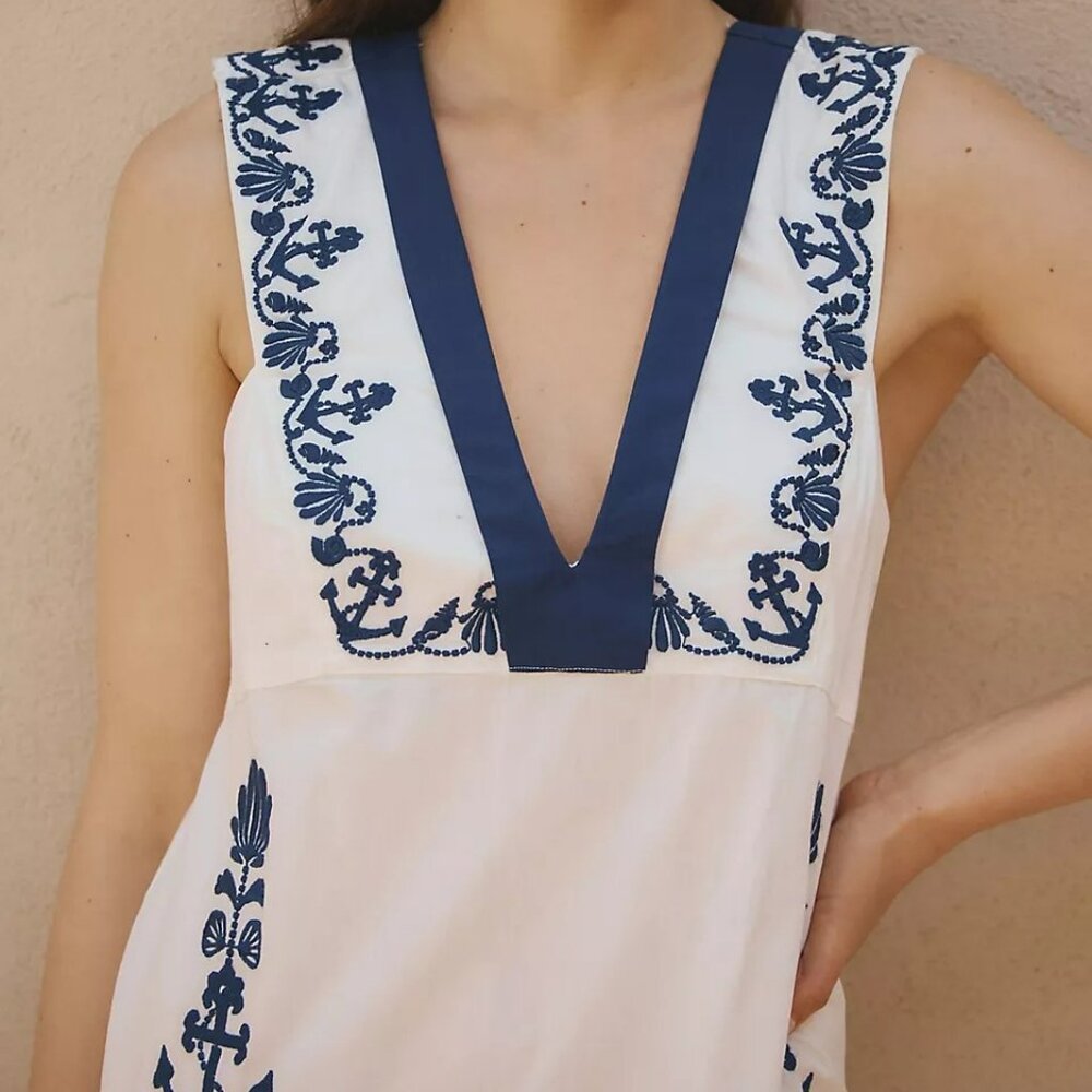 Retro Embroidered Floral Nautical / Sailor Mini Dress - Picture 2 of 16